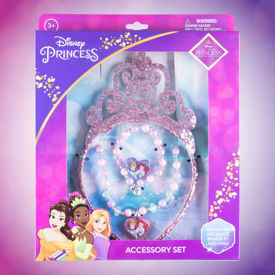 Disney Princess Accessory Set with pink tiara headband, necklace, bracelet, and ring in purple packaging, official girls' jewelry from LuvHer Shop.