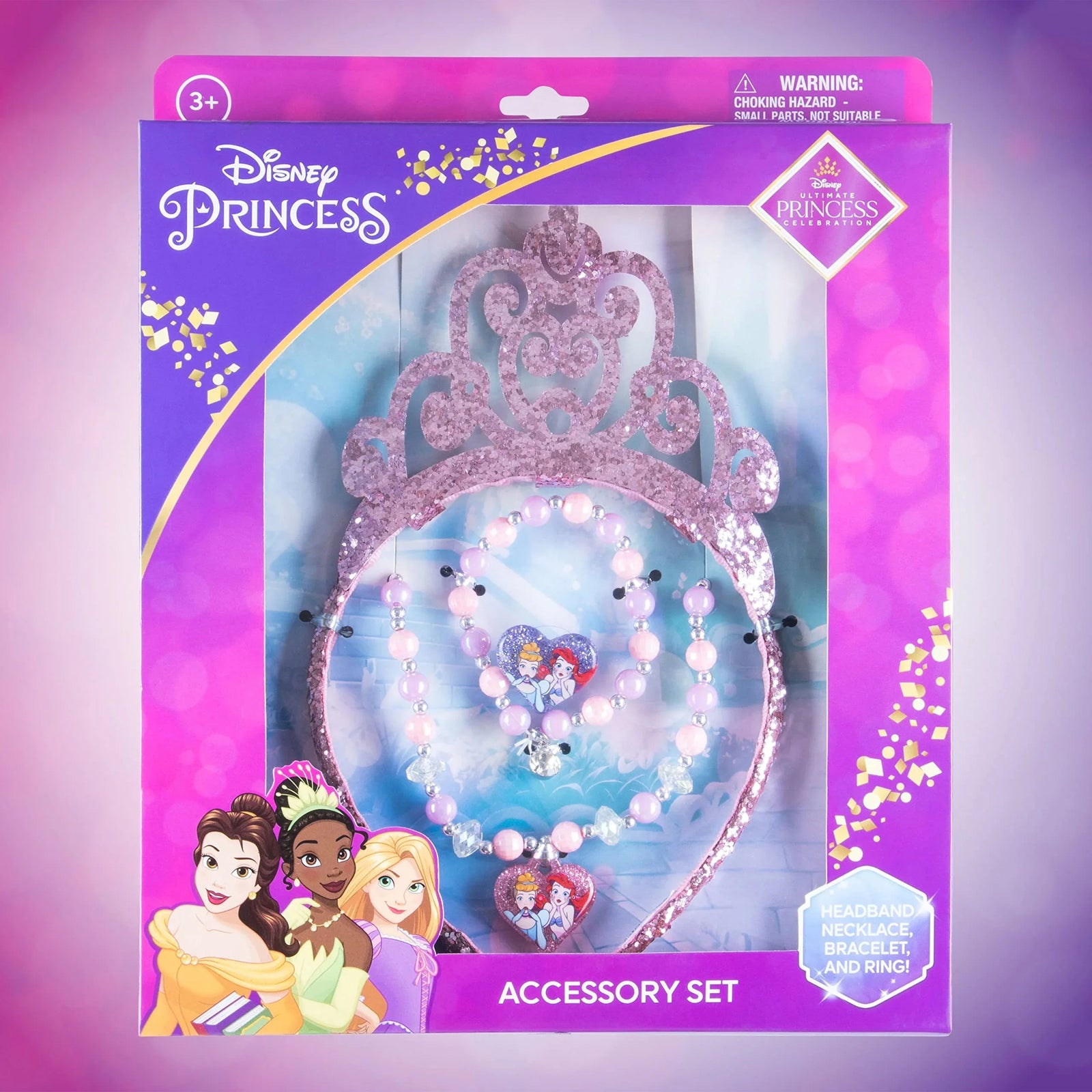Disney Princess Accessory Set with pink tiara headband, necklace, bracelet, and ring in purple packaging, official girls' jewelry from LuvHer Shop.