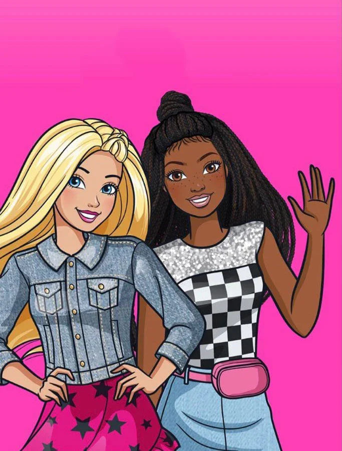 Barbie friends cartoon illustration with denim and checkered outfits on pink background at LuvHer Shop