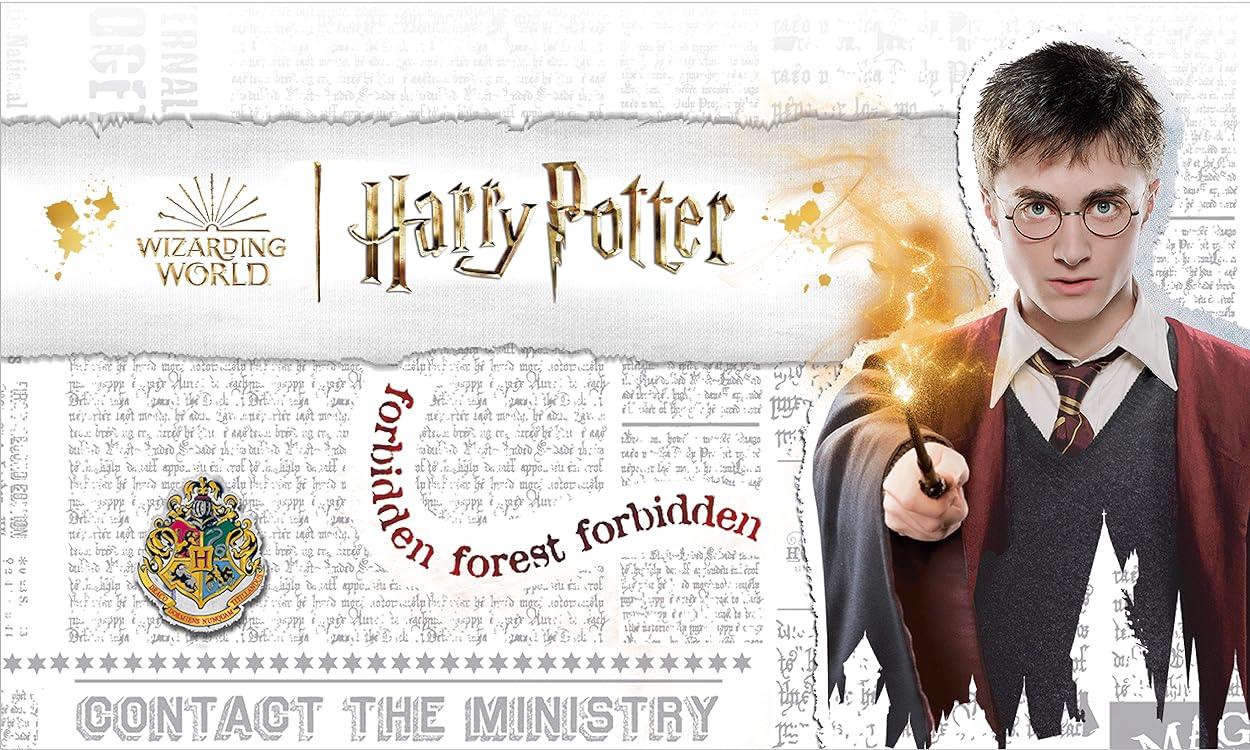Harry Potter Wizarding World product image with Hogwarts crest, magic wand, and forbidden forest text