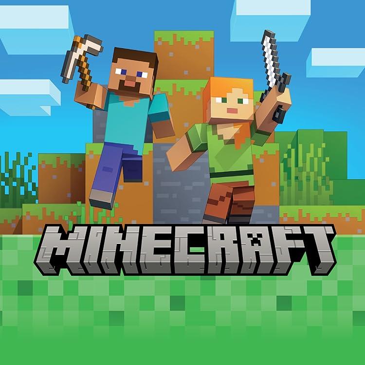 Minecraft product image featuring Steve and Alex characters holding a pickaxe and sword, in a blocky landscape, with the Minecraft logo.