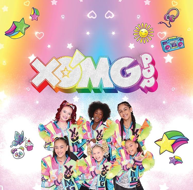XOMG POP girls group in colorful outfits with XOMG POP logo, rainbow background, LuvHer Shop