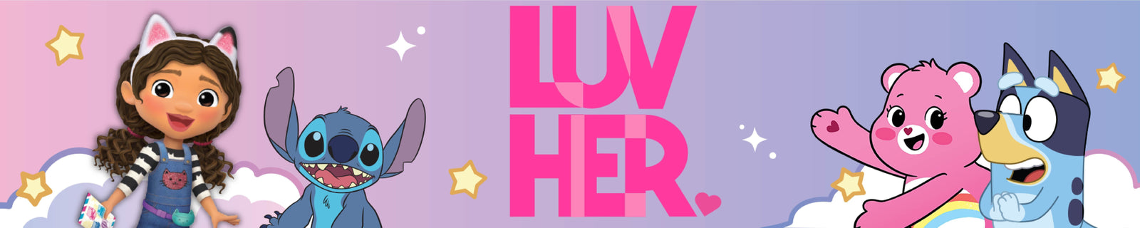 LuvHer Shop banner with Disney, Stitch, Bluey, Barbie accessory characters and colorful clouds
