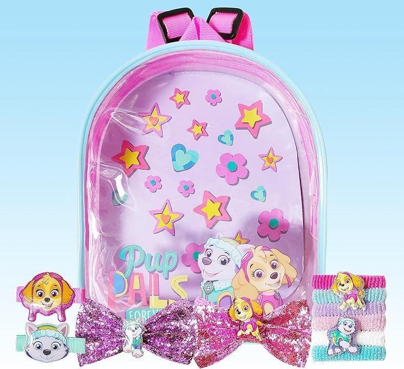 Paw Patrol Pup Pals pink backpack with Skye and Everest, matching hair bows, and accessories set