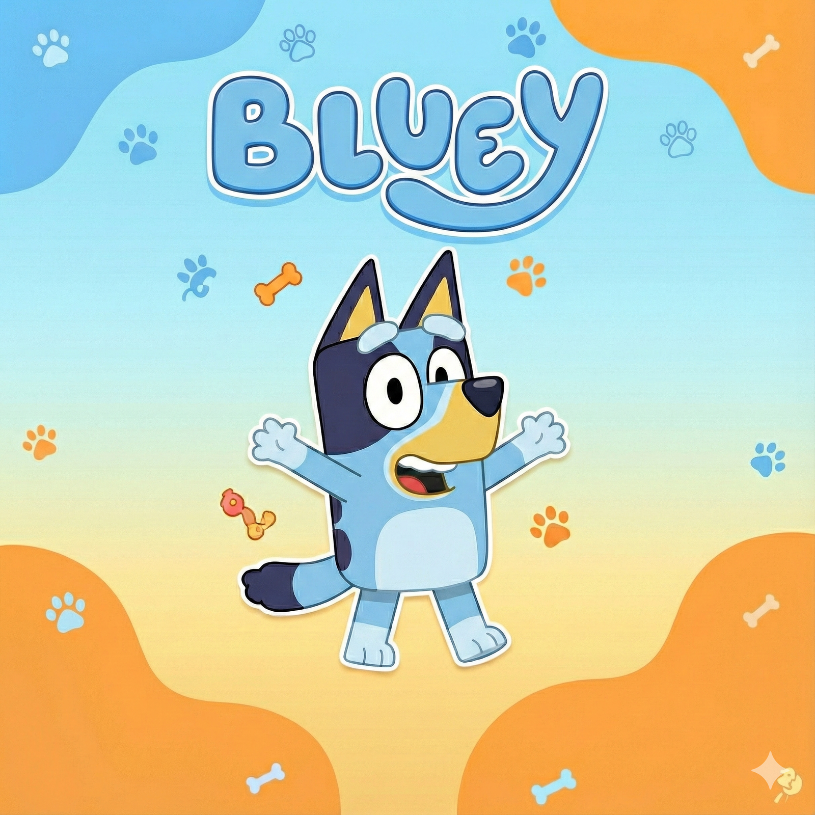 Bluey character artwork with Bluey logo, colorful paw prints, and bones on a pastel background