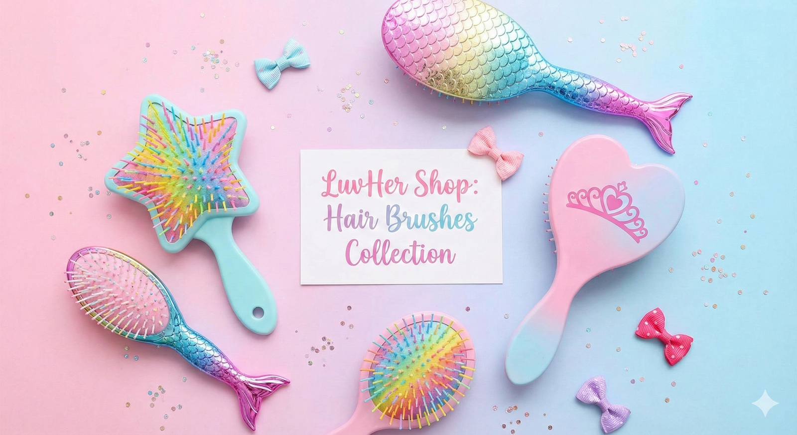 LuvHer Shop Hair Brushes Collection, colorful girls' hair brushes and bows on pastel background