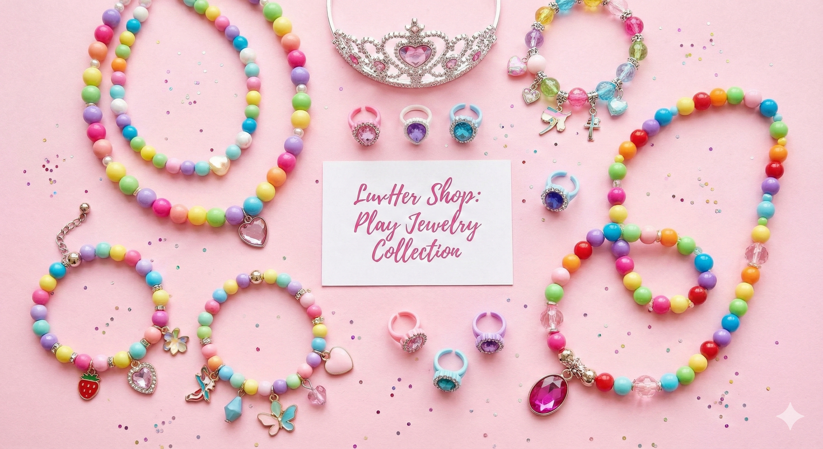 LuvHer Shop Play Jewelry Collection with colorful beaded bracelets, necklaces, rings, and a tiara on pink background