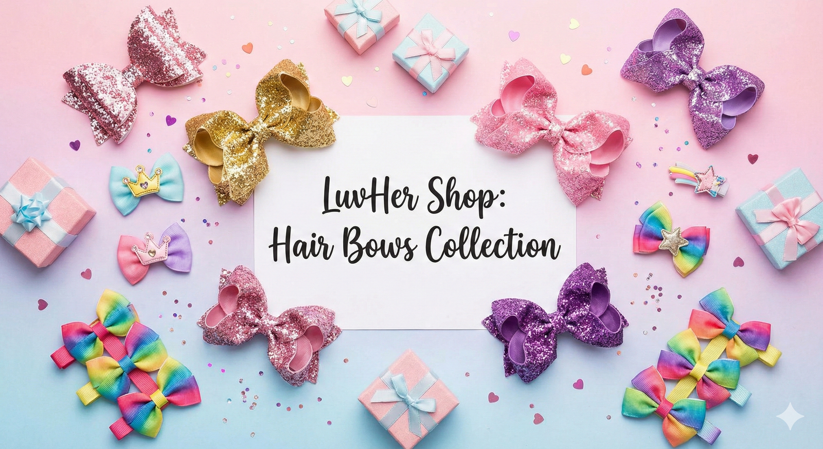 LuvHer Shop Hair Bows Collection with glitter, rainbow, and crown-themed girls' hair accessories on pastel background
