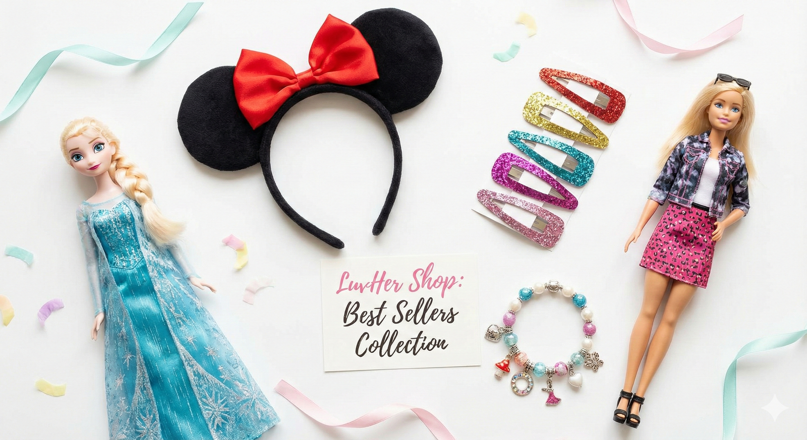 LuvHer Shop Best Sellers Collection with Elsa doll, Barbie doll, Minnie Mouse ears, glitter hair clips, and themed bracelet.