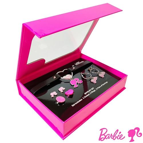 Barbie themed 2-Piece Adjustable Ring Set, a pair of stud and hoop earrings, and a choker for Girls - Barbie Themed Charms, Universally Fitting & Stylish Gifts and Accessorie A Must-Have Accessory - LuvHer Shop