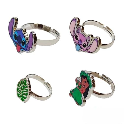 Lilo & Stitch Jewelry: 4-Piece Adjustable Rings for Girls (Angel, Lilo & Stitch Rings with metal charm) Dress Up For Girls Perfect Stitch Gifts For 6 Year Old Girl Kids Ring Disney Accessories Ages4+ - LuvHer Shop