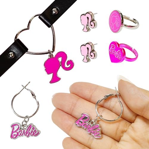 Barbie themed 2-Piece Adjustable Ring Set, a pair of stud and hoop earrings, and a choker for Girls - Barbie Themed Charms, Universally Fitting & Stylish Gifts and Accessorie A Must-Have Accessory - LuvHer Shop