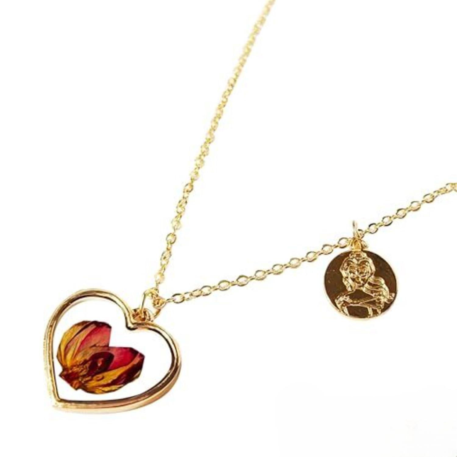 Disney Princess Belle Necklace - Heart Pendant with Rose Petal