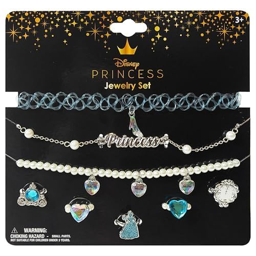 LUV HER Disney Princesses Colorful Jewelry 8 pieces Set for Girls, Official Licensed- Necklaces and Metal Charm Rings - Birthday and Party Favor - Ages 3+ - LuvHer Shop