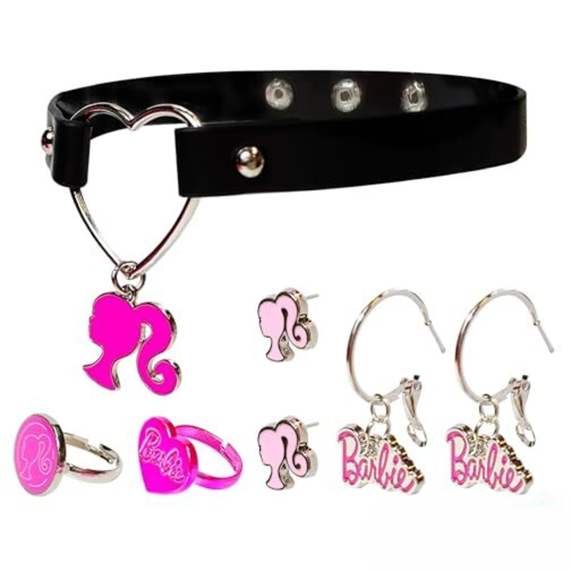 Barbie themed 2-Piece Adjustable Ring Set, a pair of stud and hoop earrings, and a choker for Girls - Barbie Themed Charms, Universally Fitting & Stylish Gifts and Accessorie A Must-Have Accessory - LuvHer Shop