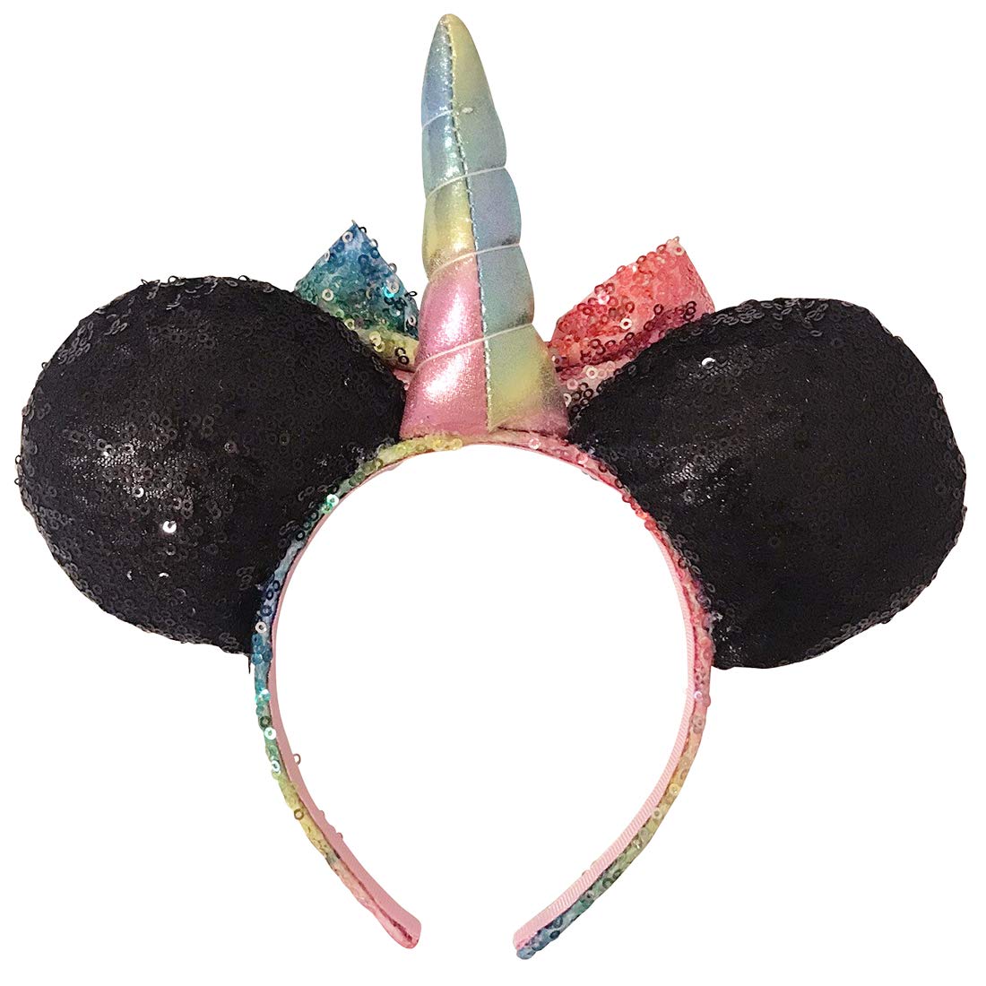 LUV HER Disney - Minnie Mouse Ears - Black Ears with Rainbow Sequin Unicorn Horn - Hair Accessories for Girls - Hair Headband Ears - Non Slip Headband - Disney World Accessories for Trip - Ages 3+ - LuvHer Shop