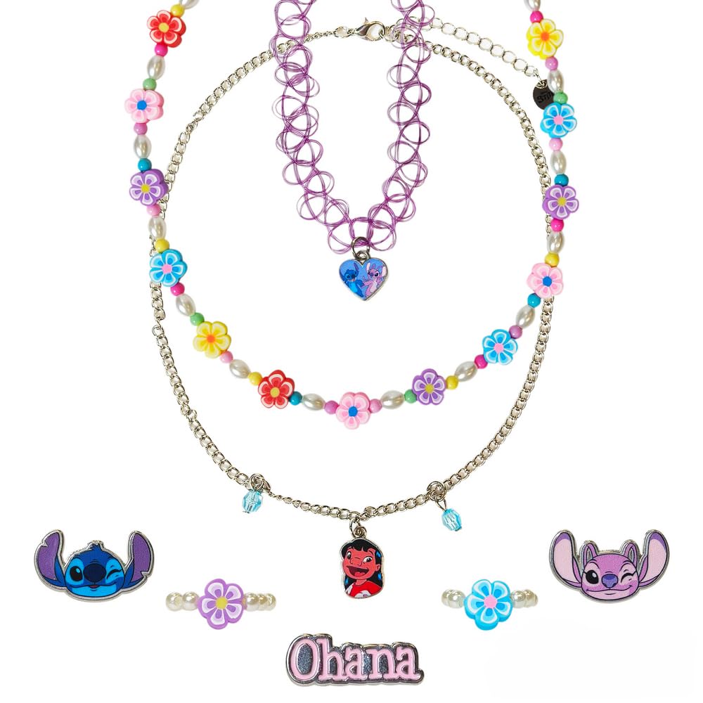 LUV HER Disney Lilo and Stitch Colorful Jewelry 8 pieces Set for Girls, Official Licensed- Necklaces and Metal Charm Rings - Birthday and Party Favor - Ages 3+ - LuvHer Shop