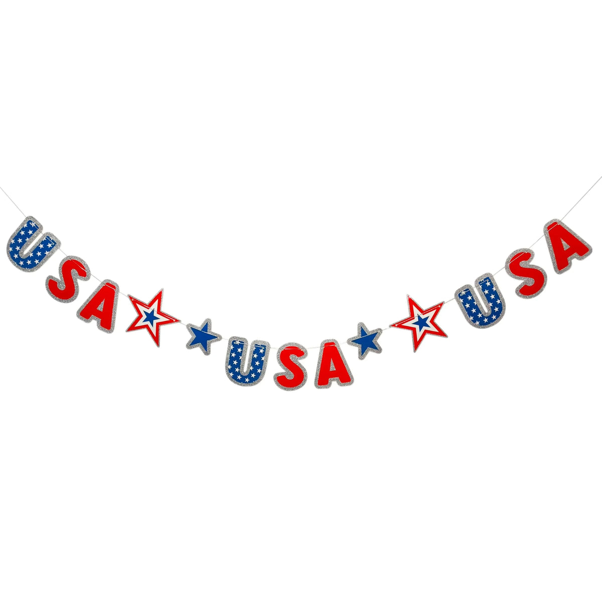 USA Patriotic Garland banner with red, white, and blue letters and stars, LuvHer Shop accessory
