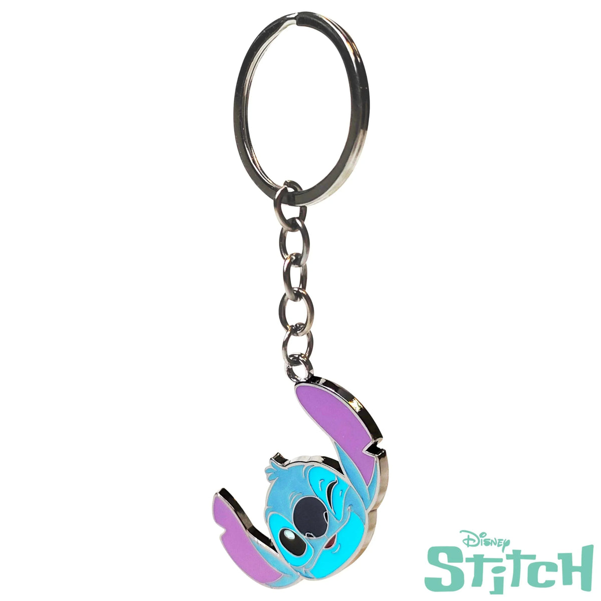 Disney Stitch keychain featuring Stitch face charm with blue and purple details on metal ring