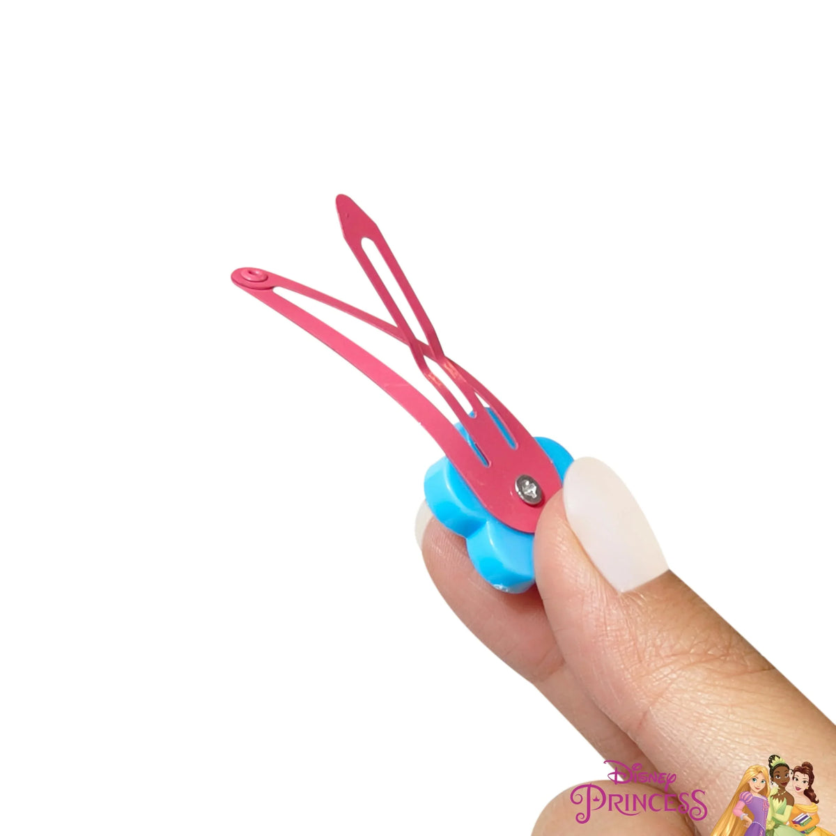 Disney Princess pink hair clip with blue flower, held by hand, LuvHer Shop accessory