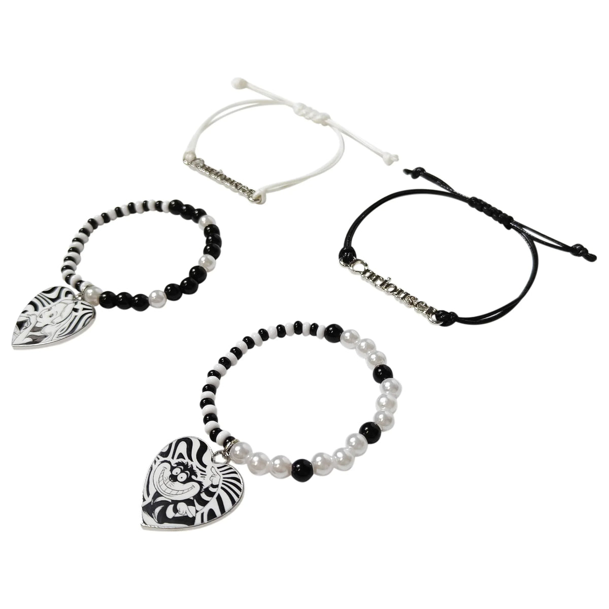 Disney Cheshire Cat Best Friends Bracelet Set featuring black and white beaded friendship bracelets with heart charms and matching cord bracelets, official girls' jewelry from LuvHer Shop.