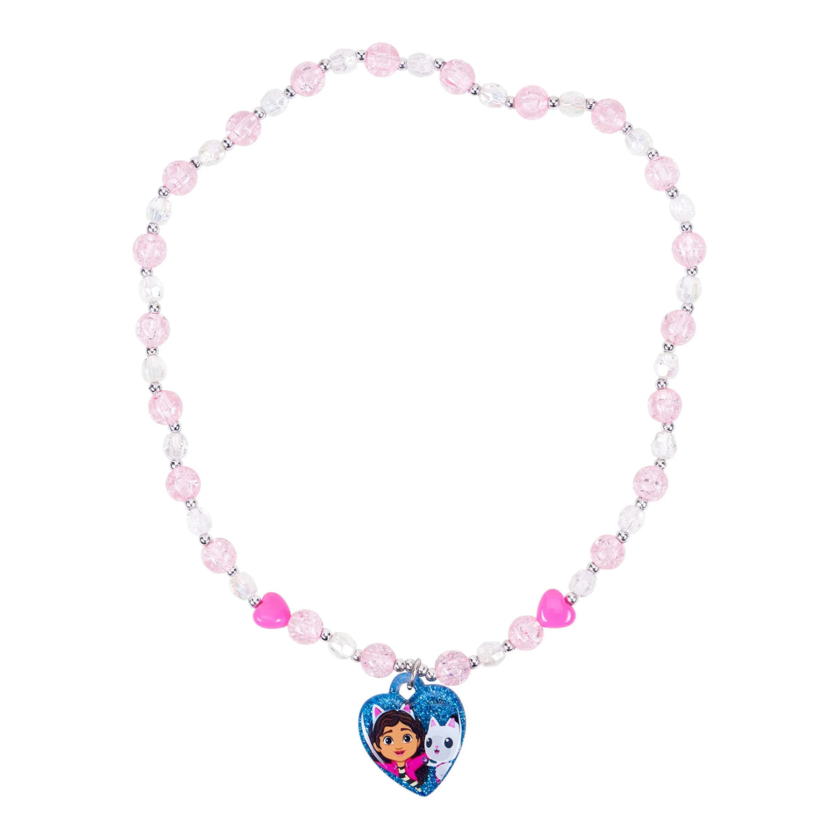 Gabby's Dollhouse girls' beaded necklace with heart charm, pink and white beads, LuvHer Shop