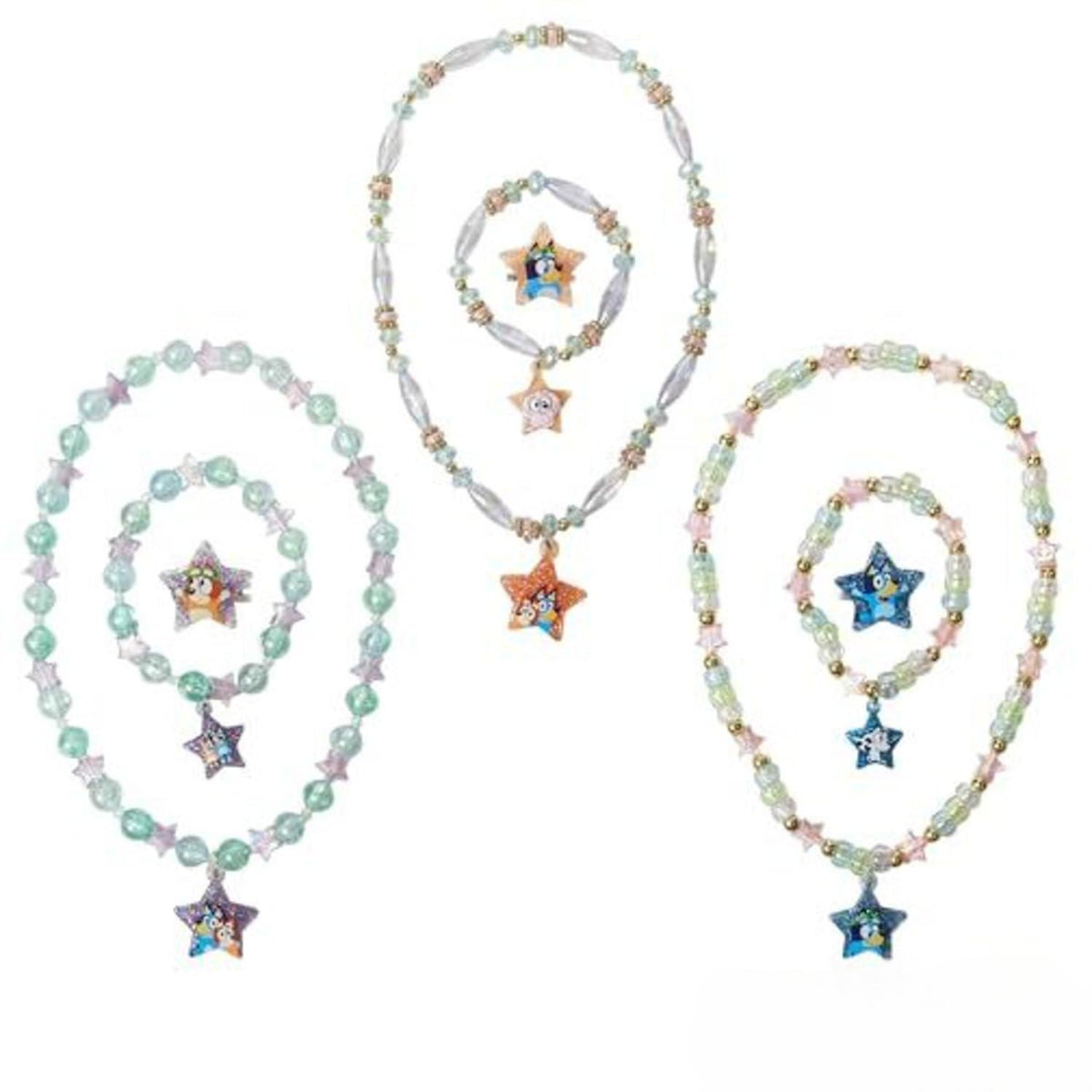 Bluey Star Bead Necklace and Bracelet Set with pastel beads and Bluey character star charms
