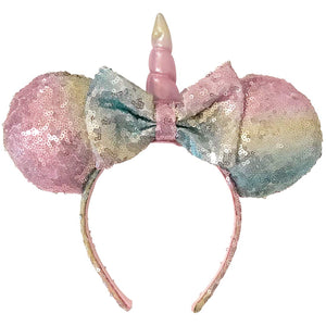 Minnie Mouse Girls Sequins Bow and Ear Headband - Rainbow Sequin Bow with Unicorn Horn and Ear - LuvHer Shop