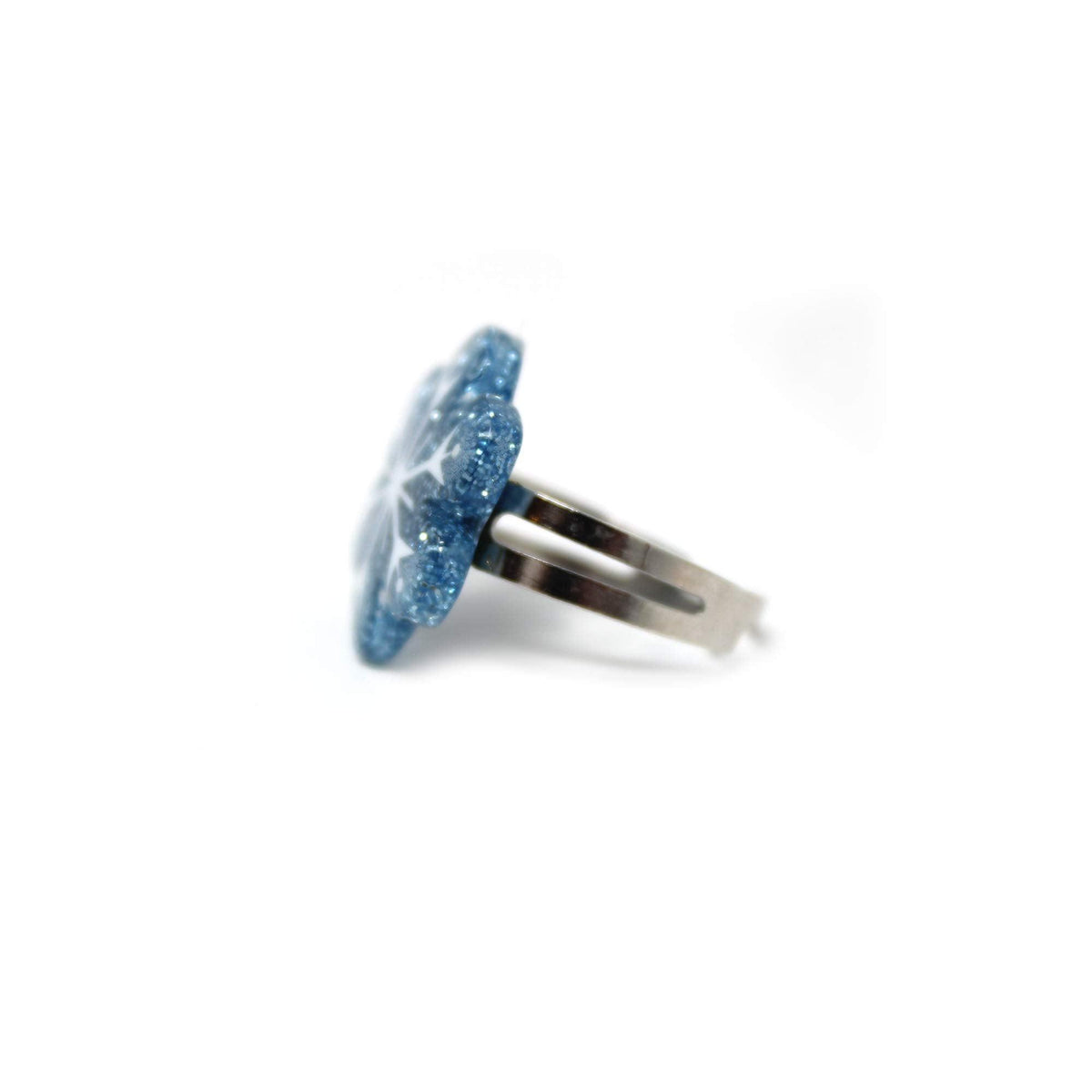 Disney Frozen Snowflake Adjustable Ring with blue glitter flower on silver band from LuvHer Shop