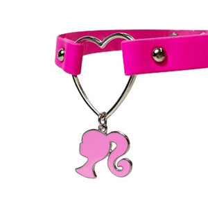 LUV HER Choker Barbie Necklace for Women Barbie Costume Outfit Chokers Necklace for Girls - Adjustable Heart Choker Pink Leather-like Collar Necklace for Girls With Pink Steel Barbie Charm Ages 4+ - LuvHer Shop