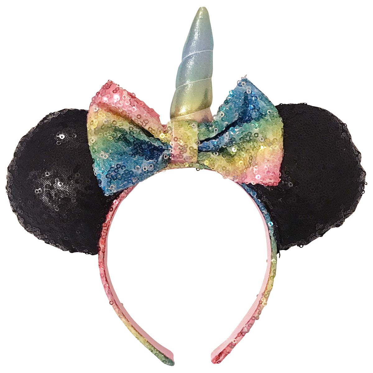 LUV HER Disney - Minnie Mouse Ears - Black Ears with Rainbow Sequin Unicorn Horn - Hair Accessories for Girls - Hair Headband Ears - Non Slip Headband - Disney World Accessories for Trip - Ages 3+ - LuvHer Shop