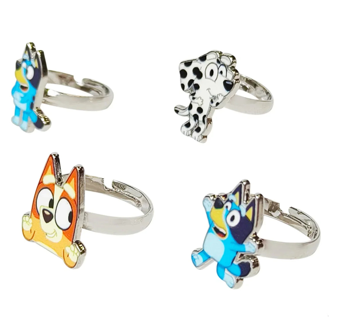 Bluey Character Rings set featuring Bluey, Bingo, and Dalmatian designs on adjustable silver bands