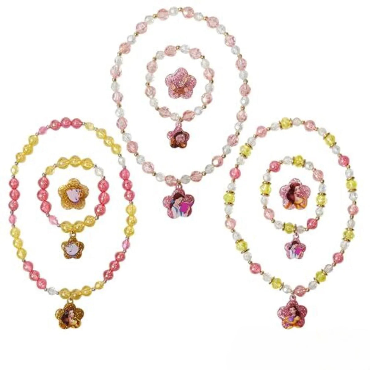 Disney Princess Jewelry Set with colorful beaded necklaces, bracelets, and rings featuring princess charms