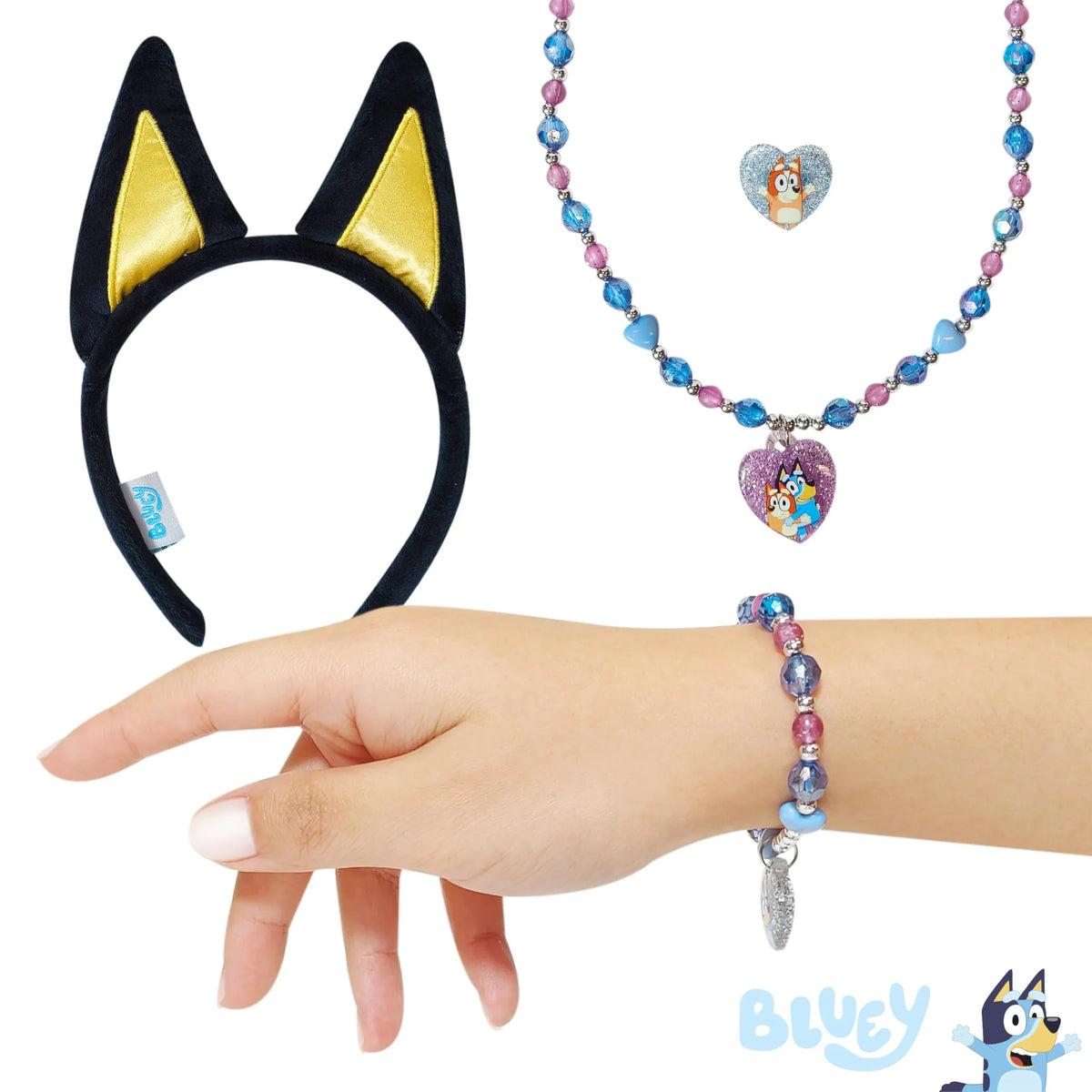 Bluey Girls Jewelry Gift Set featuring cat ear headband, necklace, bracelet, and ring with Bluey characters, perfect for licensed Disney accessories fans.