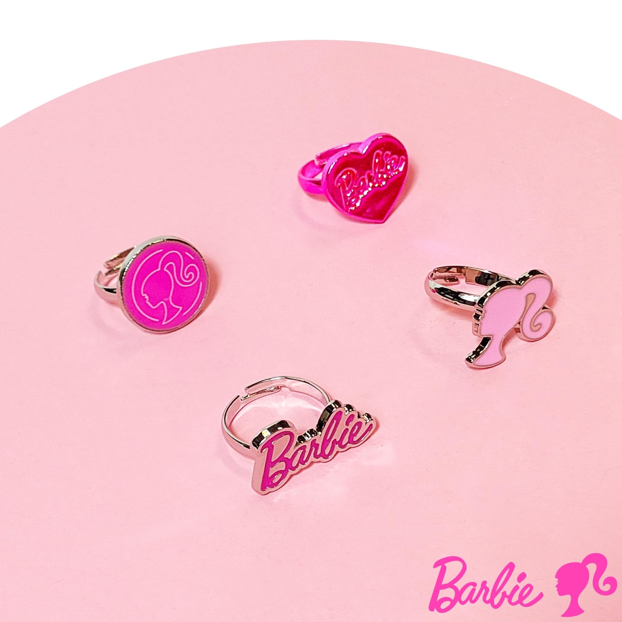 Barbie Jewelry: 4-Piece Adjustable Rings for Girls (Barbie Rings with metal charm) Dress Up For Girls Perfect Barbie Gifts For 6-Year-Old Girl Jewelry Kid Rings for girls Barbie Accessories Ages 4+ - LuvHer Shop