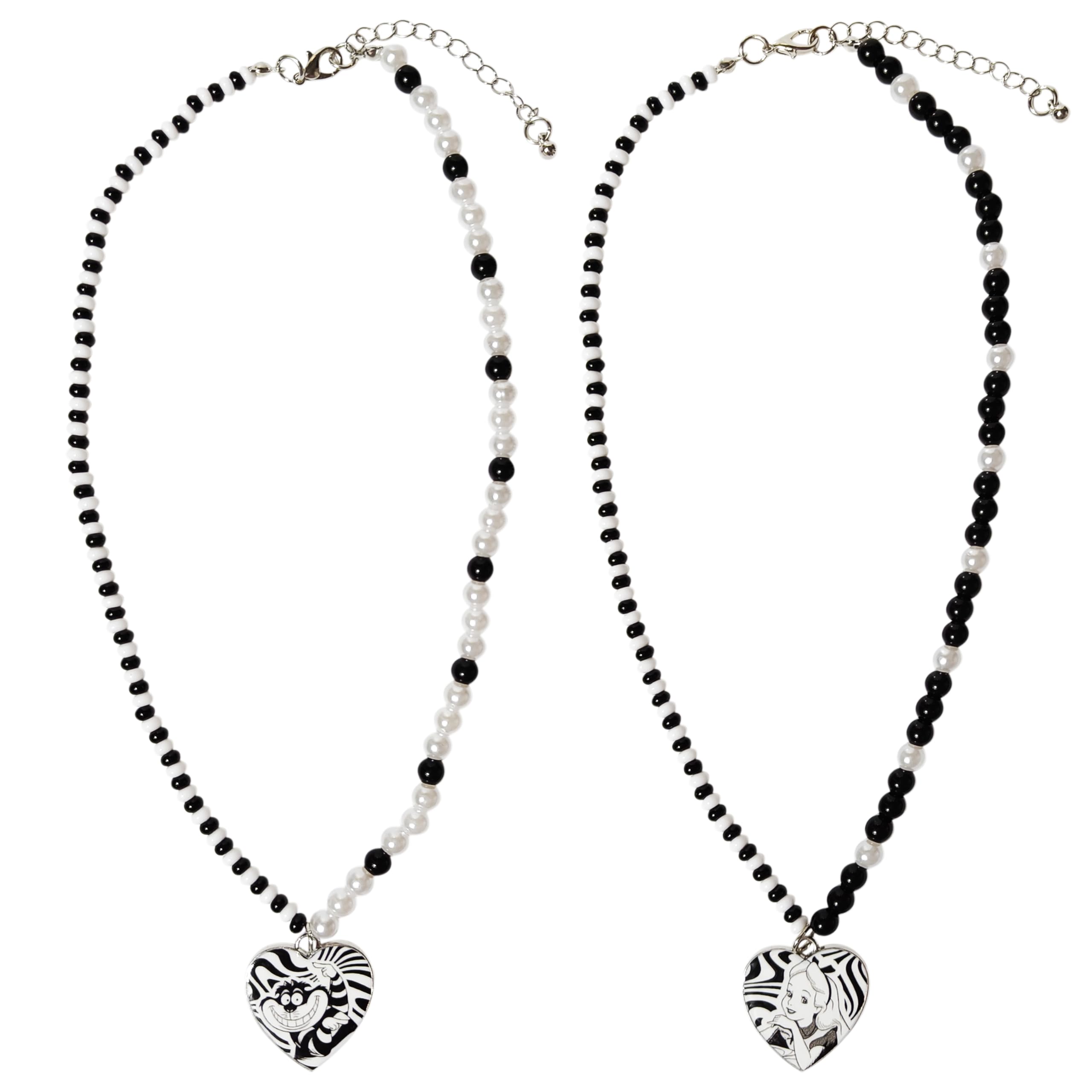 LUV HER Alice in Wonderland Friendship Necklace Set - Beaded Heart Charm with Cheshire Cat & Alice Design - Adjustable Lobster Claw Clasp - Kids Jewelry - Perfect for Teens, Disney Fans, Ages 3+