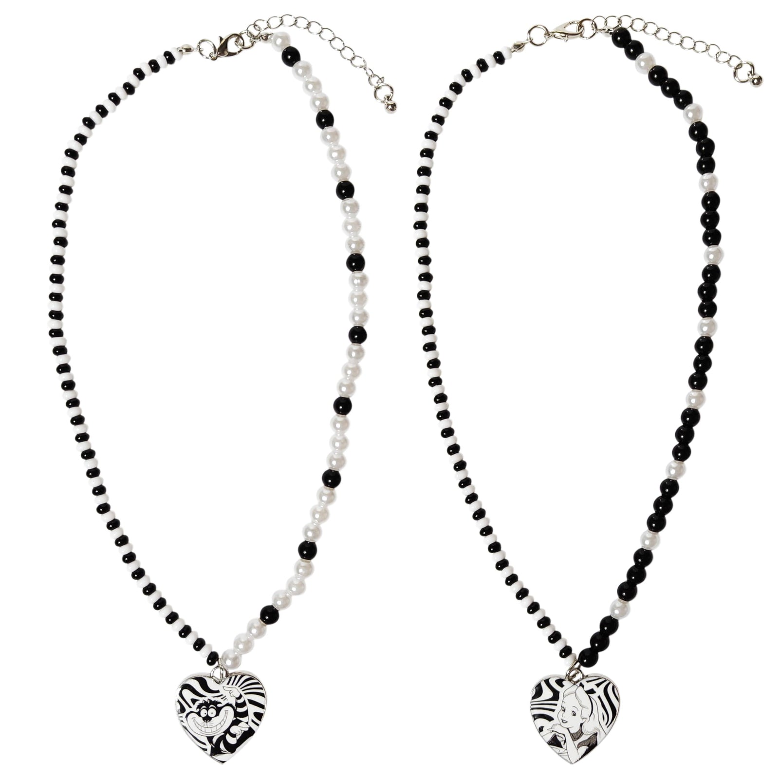 Disney Alice in Wonderland BFF Necklace set with black and white beads, heart pendants, LuvHer Shop