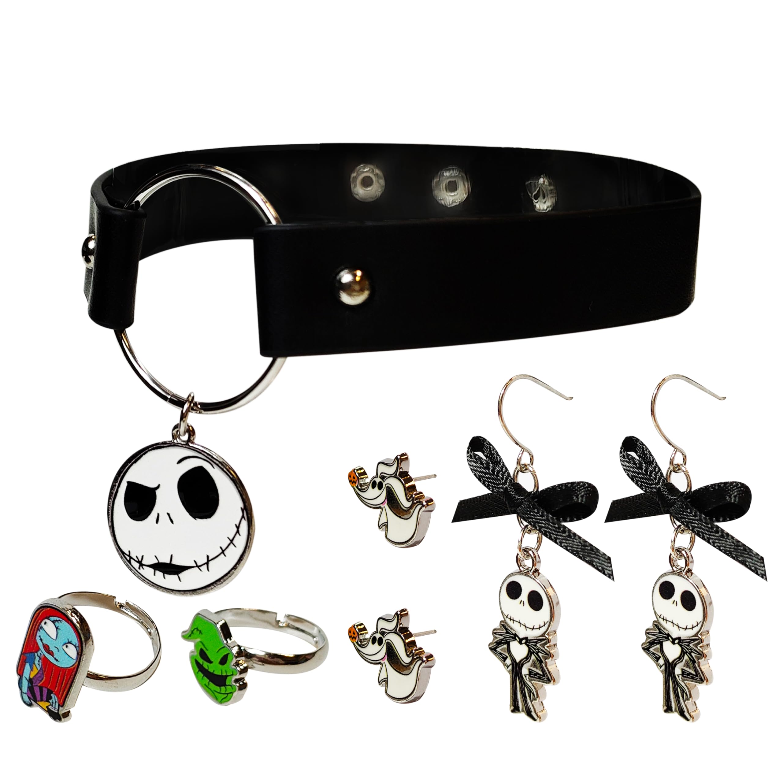 The Nightmare Before Christmas themed 2-Piece Adjustable Ring Set, a pair of stud and fishhook drop earrings, and a choker for Girls - the Nightmare Before Christmas Themed Charms, Universally Fitting & Stylish Gifts and Accessories - Ages 4+ - LuvHer Shop