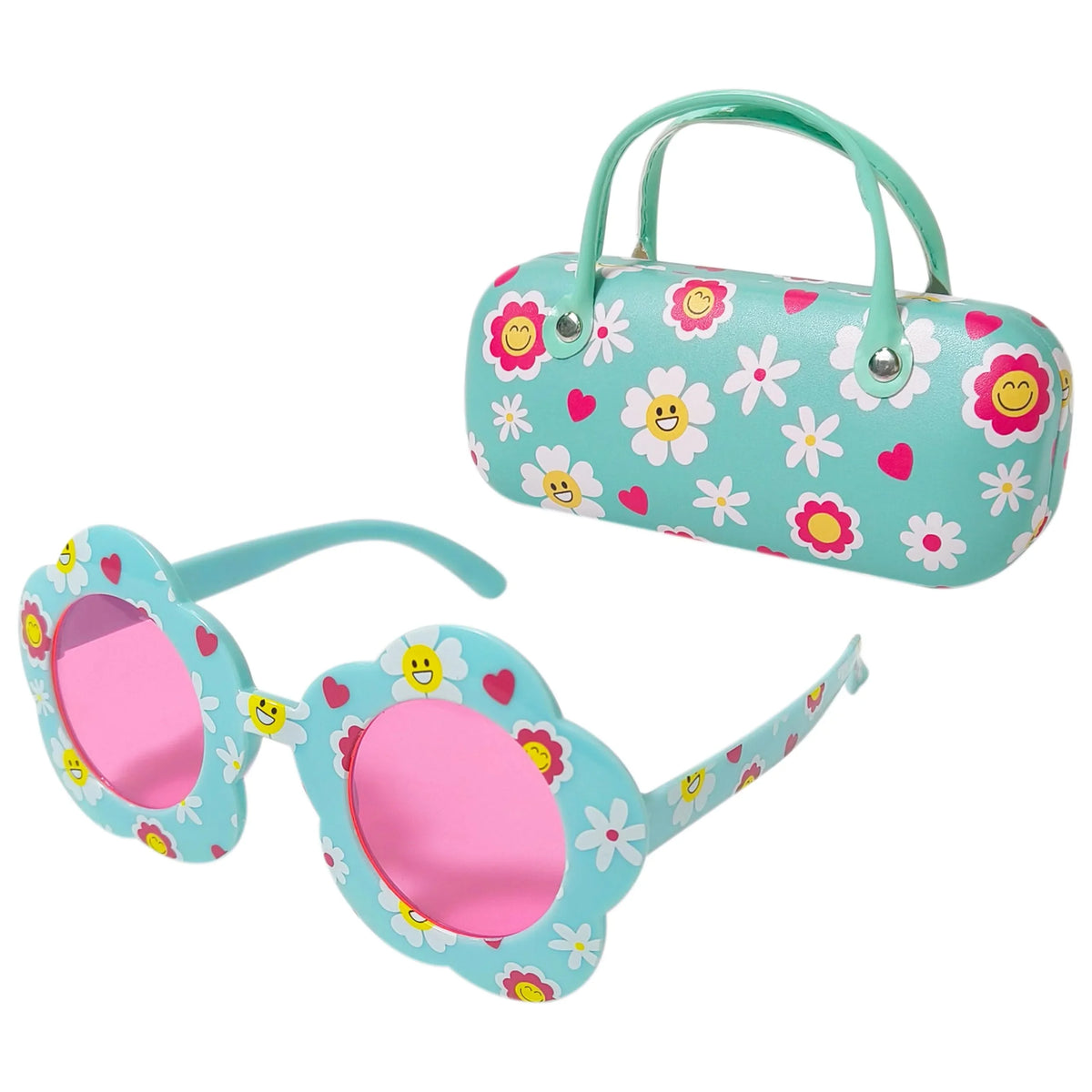 Girls' Flower Power Sunglasses with matching daisy print case, blue and pink, LuvHer Shop