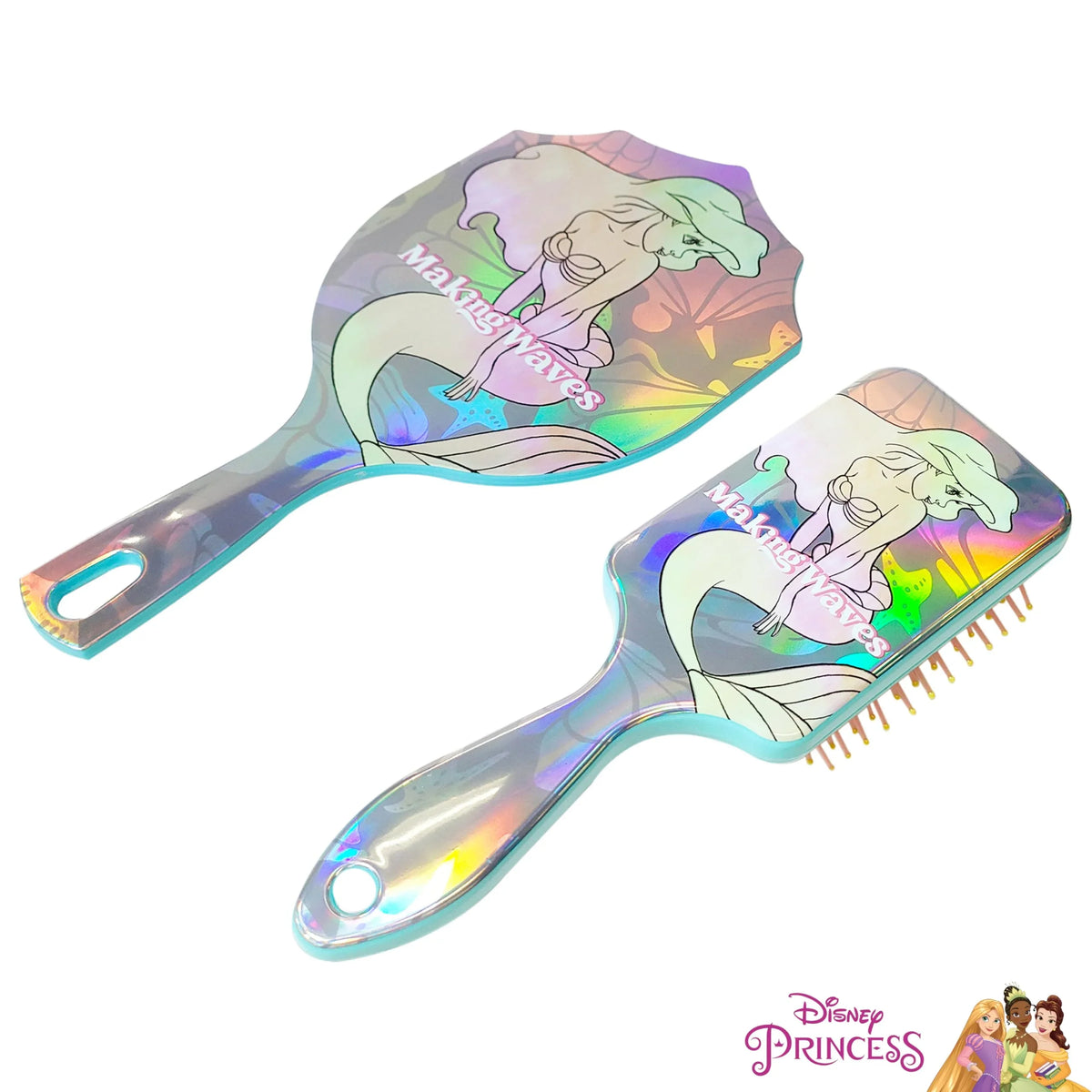 Disney Princess Ariel Making Waves hair brush and mirror set, holographic finish, girls' gift