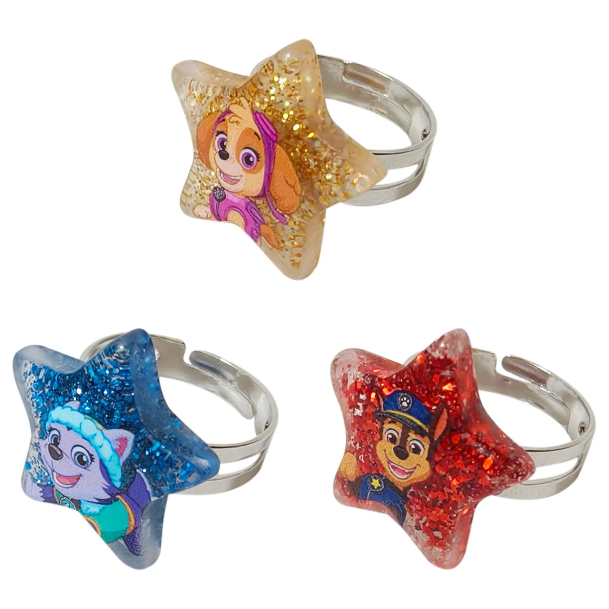 Paw Patrol Star Glitter Adjustable Rings set with Skye, Everest, and Chase characters.