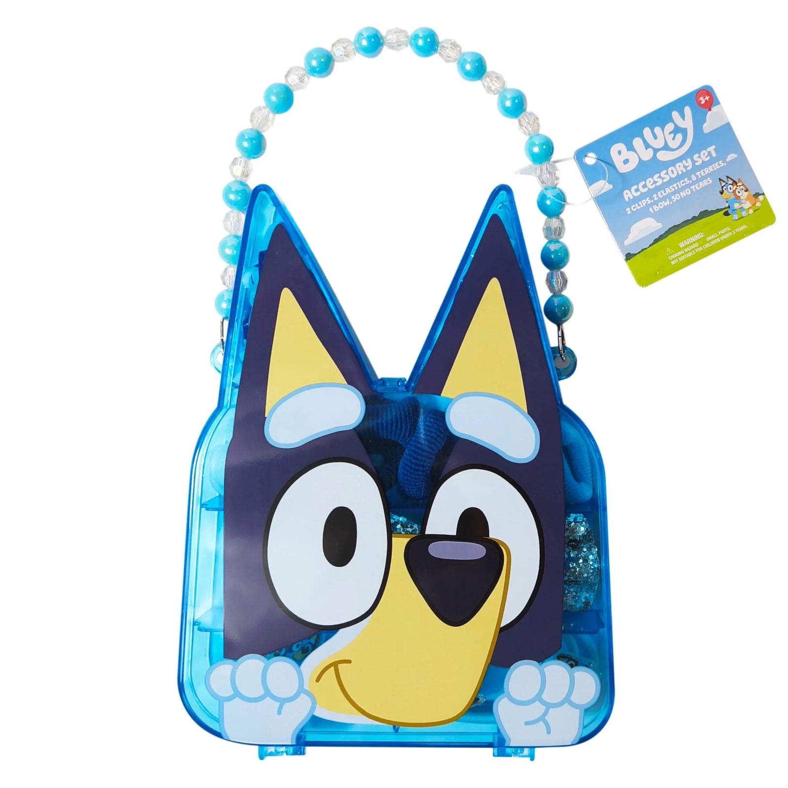 Bluey Hair Accessory Gift Set with Bluey face case, bow, clips, bands, and elastics for girls