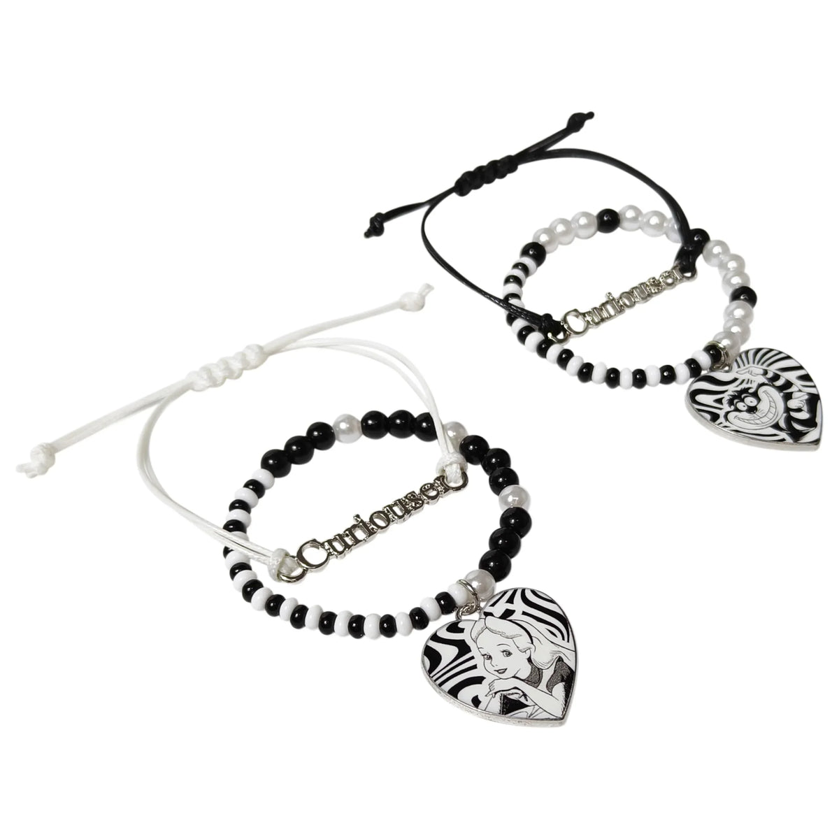 Alice in Wonderland Curious Girls' Bracelet Set with heart charms and black white beads