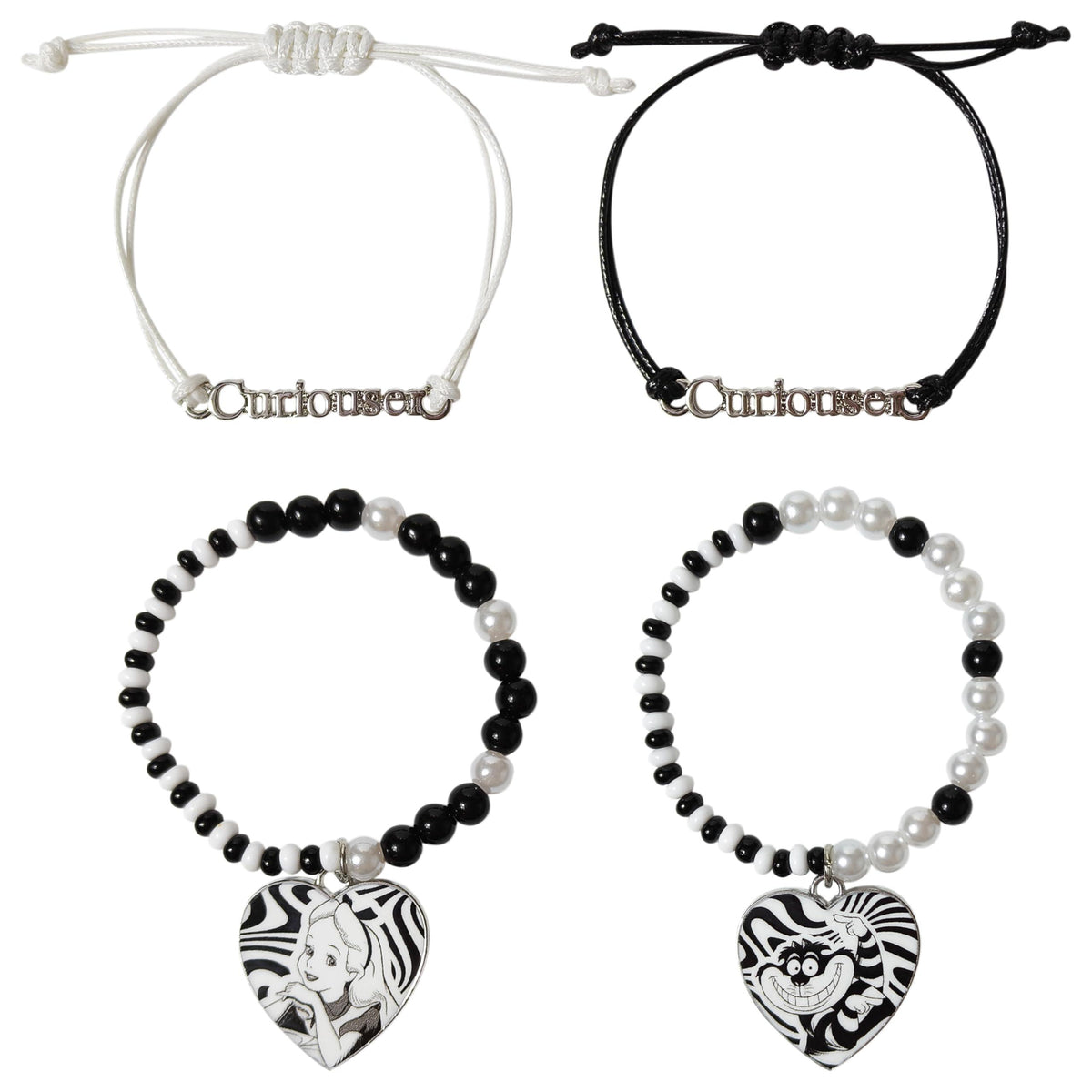 Alice in Wonderland Curiouser Bracelet Set with black and white beaded and cord bracelets, LuvHer Shop