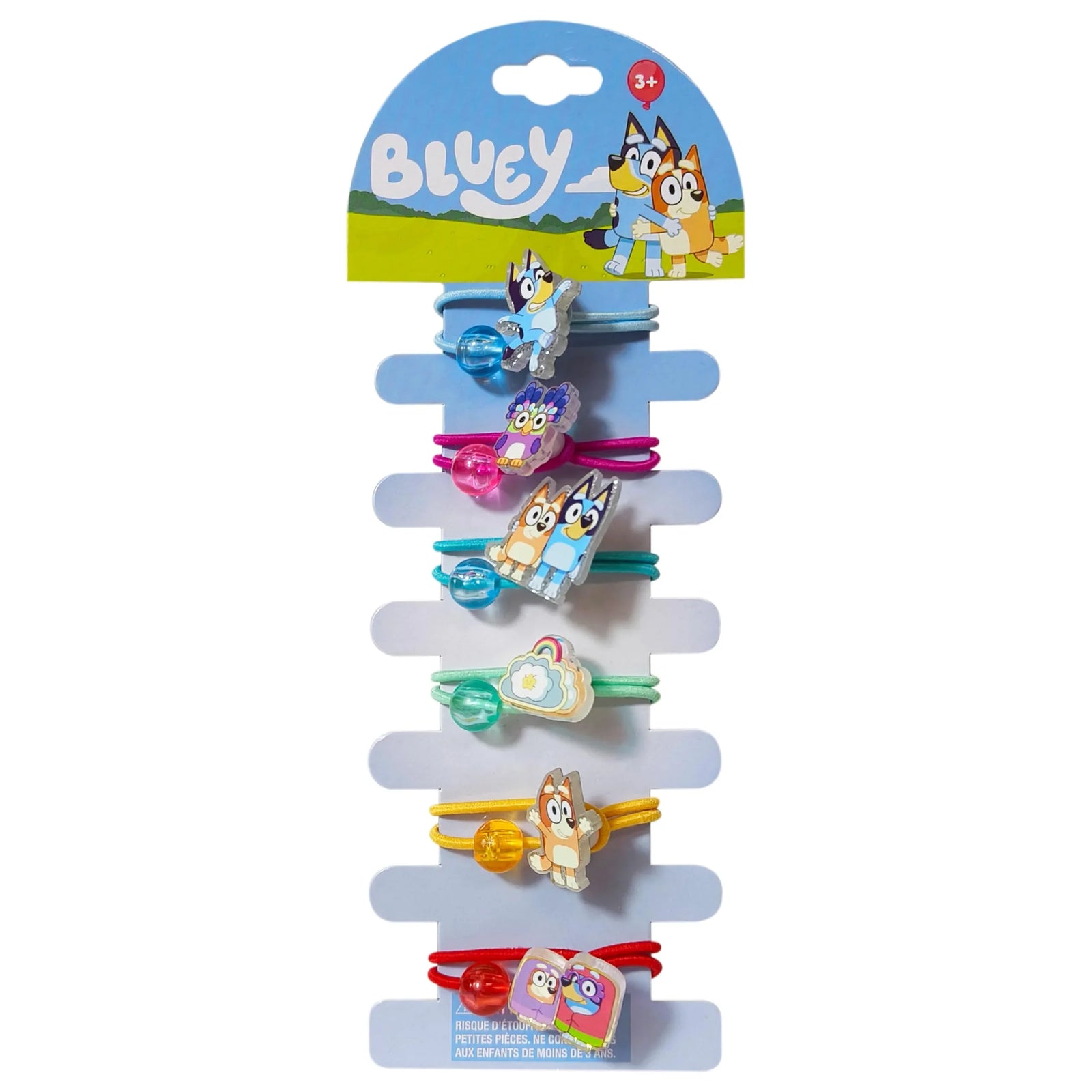 Bluey hair ties set for girls featuring Bluey and Bingo characters in colorful packaging