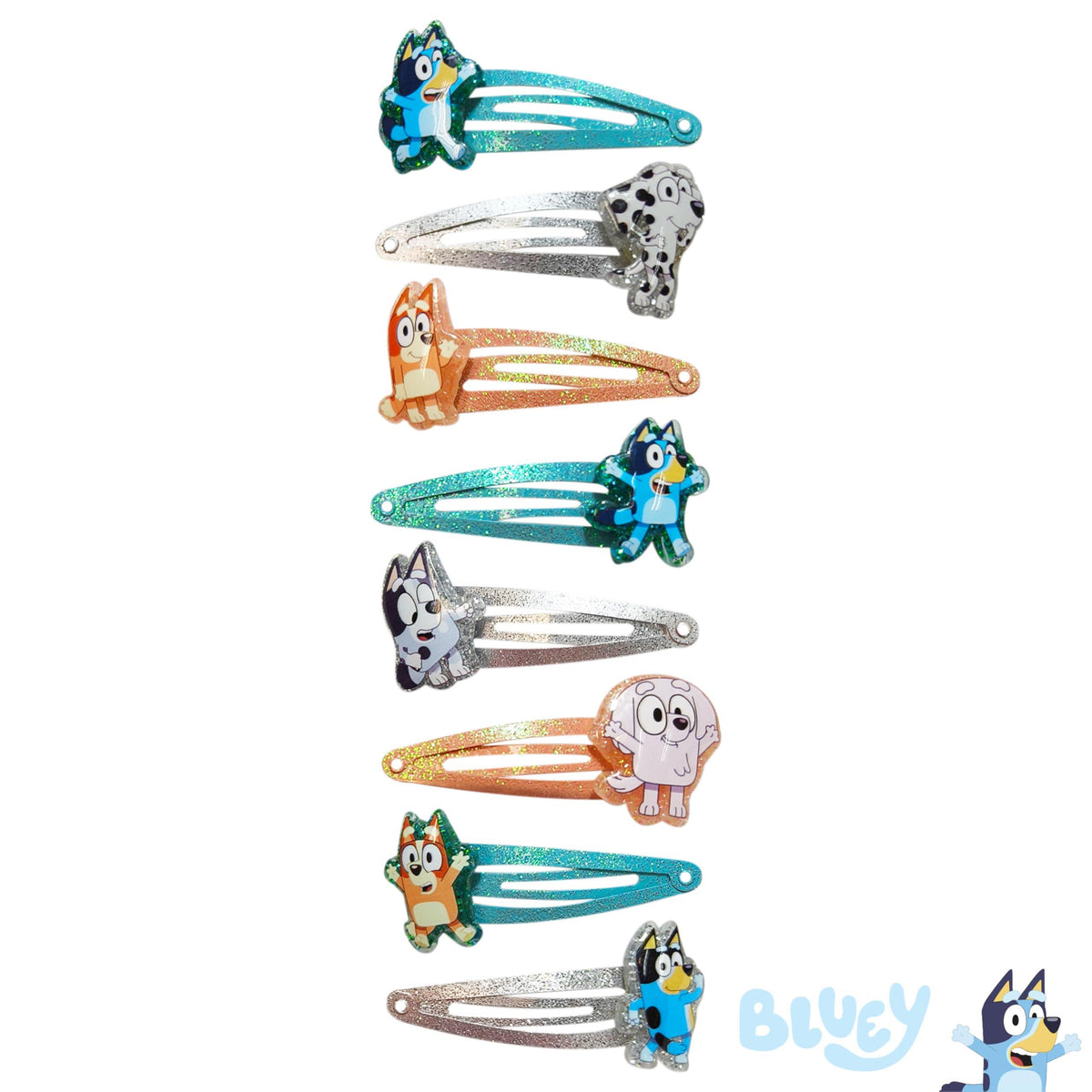 Bluey Hair Clip Set featuring glittery snap clips with Bluey and friends, girls' accessories