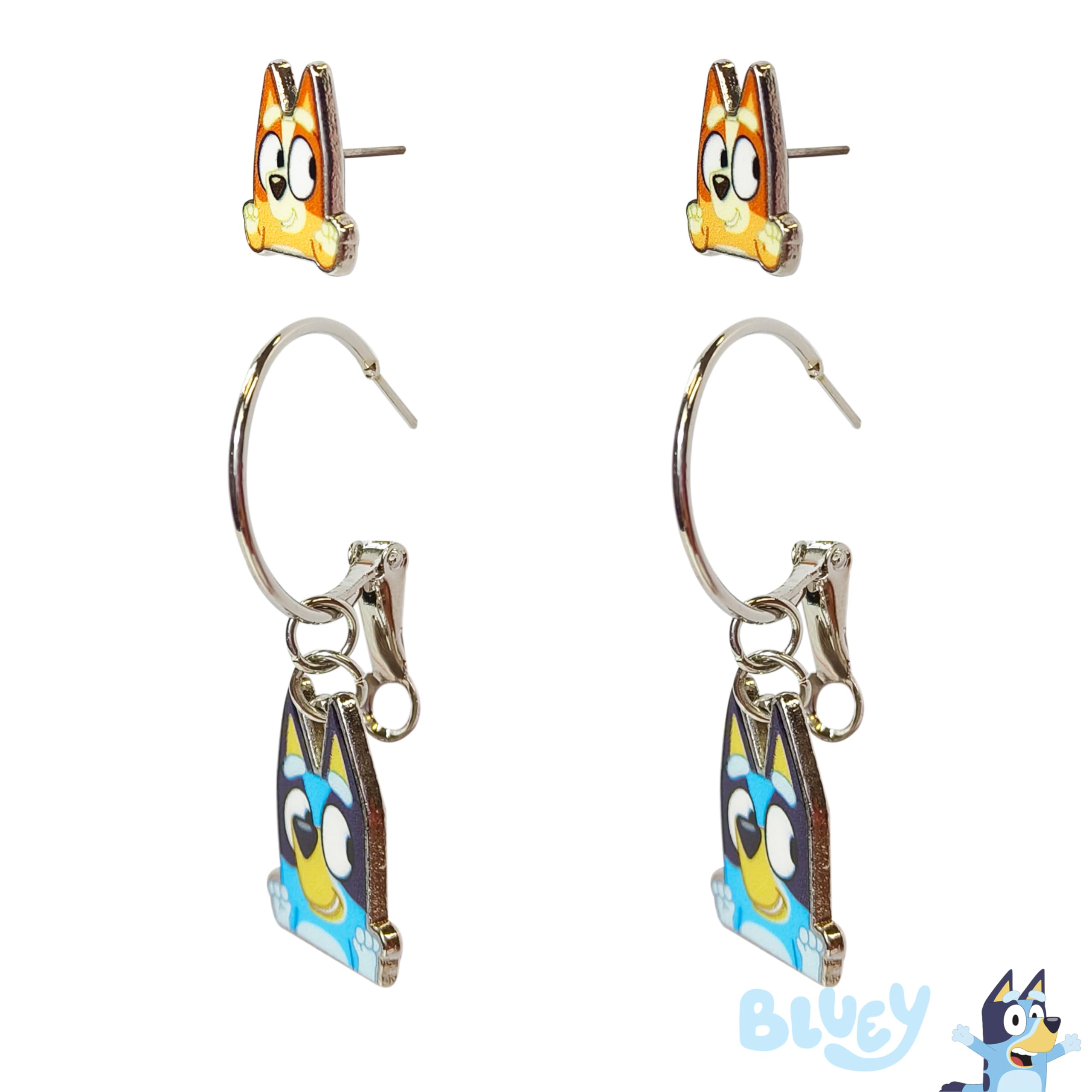 LUV HER Jewelry: 2 Pair of Bluey Hypoallergenic Earrings for Girls Stud & Fishhook Earrings with Bluey One Size Fits All Birthday Gifts For Girls Disney Accessories for Girls Ages 4+ - LuvHer Shop