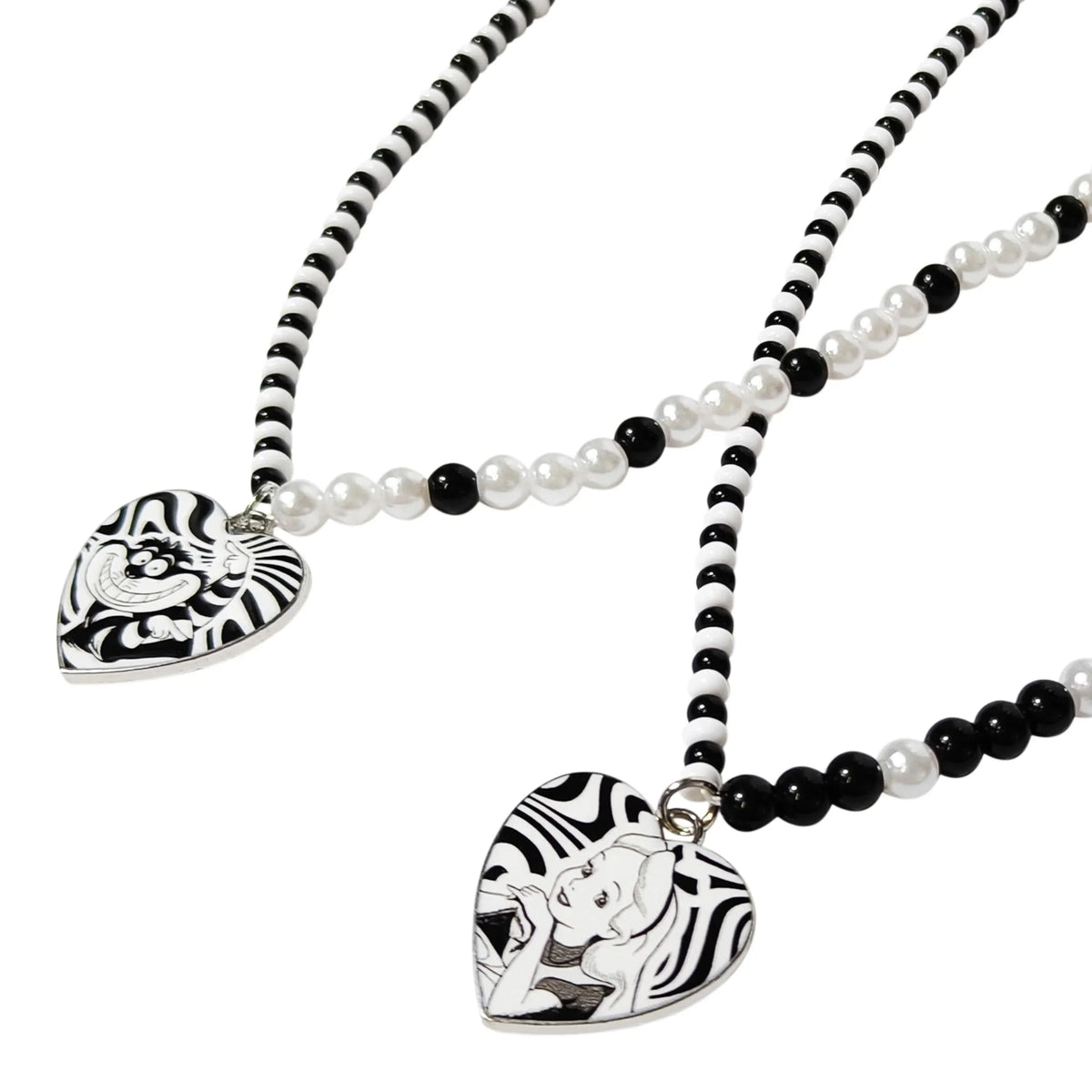 Alice in Wonderland Best Friends Necklace Set with black and white beaded chains and heart charms