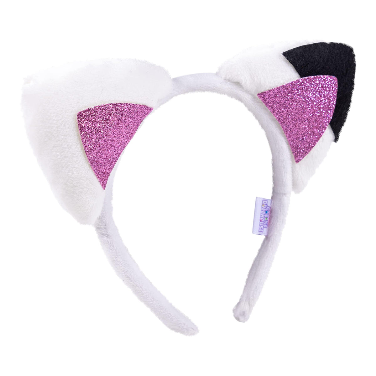LuvHer Shop plush cat ear headband with white fur and pink glitter accents, girls' accessory
