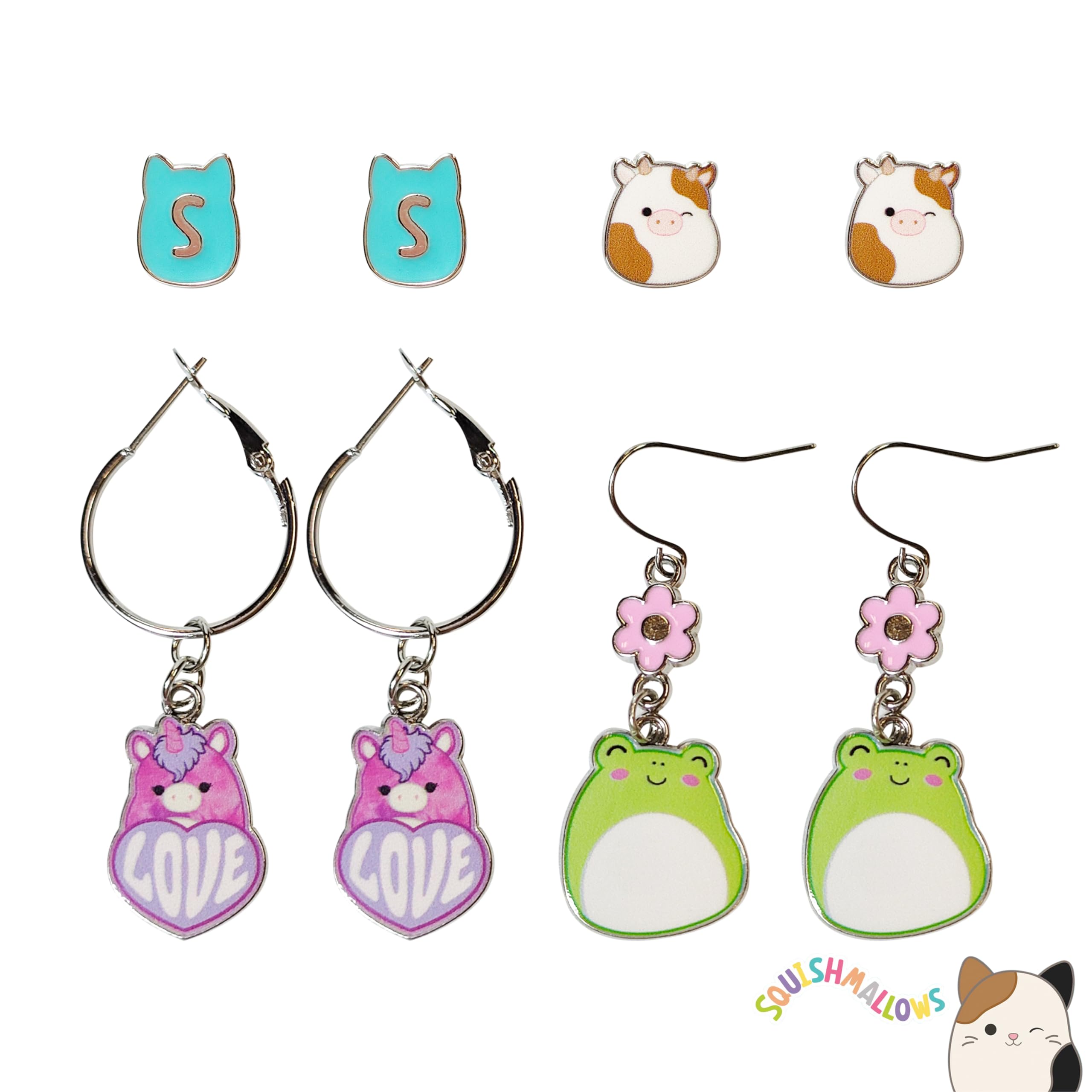 Squishmallow Hypoallergenic Earrings for Girls 2 Squish Stud Earrings 2 Squish Fishhook Drop Earring Sets with Charms One Size Fits All Squishmallow Jewelry Girls Earring Accessories for Girls Ages 4+ - LuvHer Shop